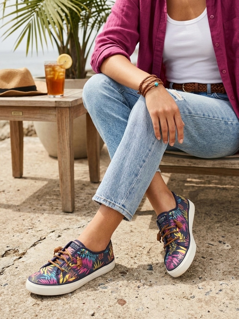 Sperry Navy Canvas Sneakers with Tropical Print